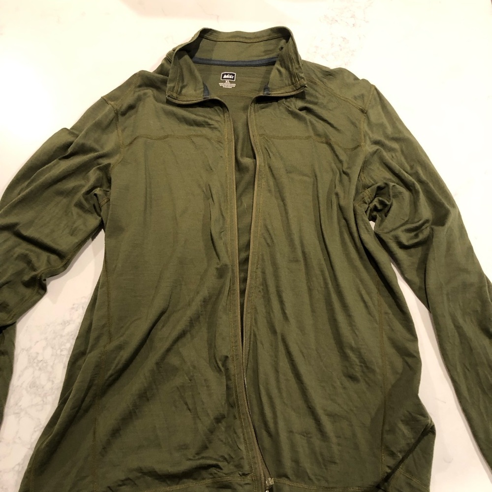 REI green full zip merino base layer XL